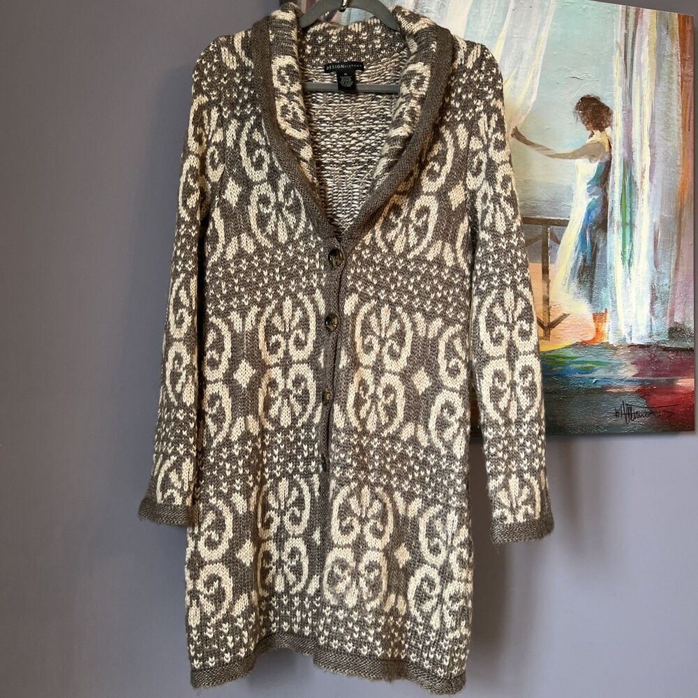 Design History S-M Southwestern Aztec Boho Beige Long Cardigan  Wool Blend